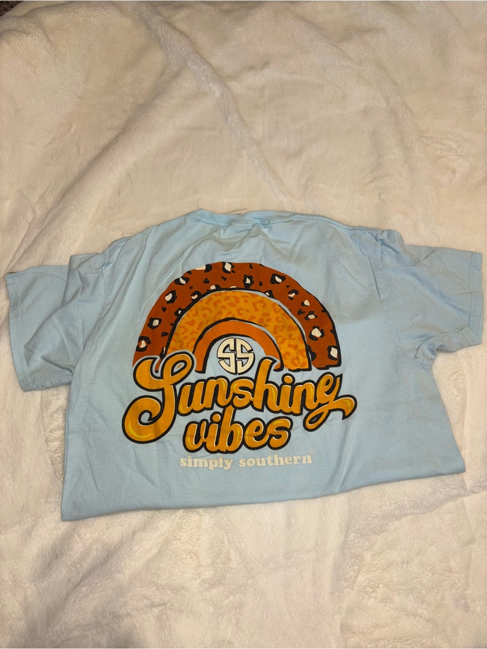 Simply Southern Light Blue Tee with Orange Leopard Rainbow Graphic
